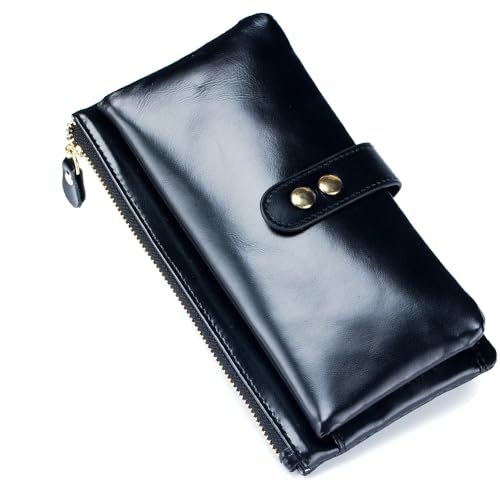 TEMKIN Geldbörse Frauen Retro Ölwachs Leder Langes Geldbeutel Multi Card Für Mobile Brieftasche-Schwarz von TEMKIN