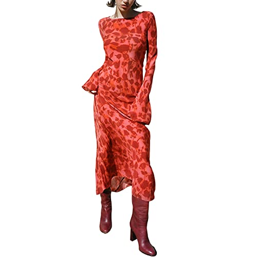 TEMKIN Langes, figurbetontes Kleid mit ausgestellten Ärmeln for Damen, Rundhalsausschnitt, Karierter Druck, figurbetontes Midi-Kleid, lässig, Party, Streetwear (Color : Red, Size : XL.) von TEMKIN