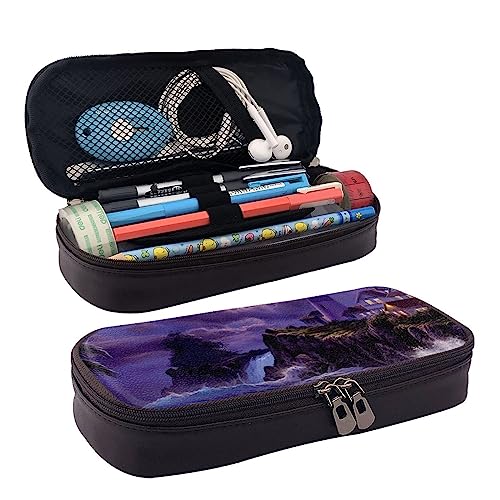 TEMKIN Moonlight Leuchtturm bedrucktes Leder-Federmäppchen, großes Fassungsvermögen, niedliches Federmäppchen, Kosmetiktasche, Organizer, Tasche mit Reißverschluss, Schwarz , Einheitsgröße, Einfach von TEMKIN