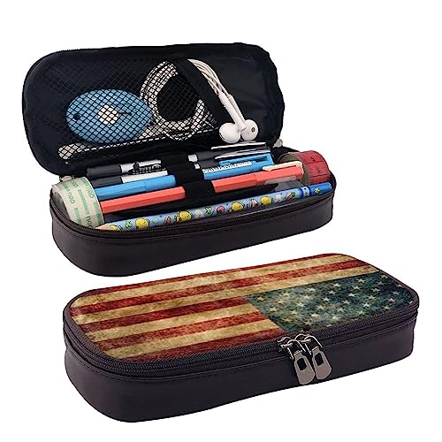 TEMKIN Old Flag Bedruckte Leder Bleistifttasche, Große Kapazität Stifttaschen Niedlich Bleistift Fall Kosmetik Organizer Tasche Mit Reißverschluss, Schwarz , Einheitsgröße, Einfach von TEMKIN