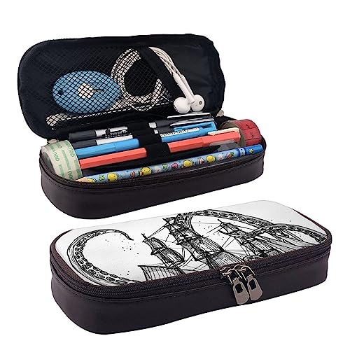 TEMKIN Old Sail Ship Monster Bedrucktes Leder Federmäppchen Große Kapazität Stifttaschen Niedliches Federmäppchen Kosmetik Organizer Tasche Mit Reißverschluss, Schwarz , Einheitsgröße, Einfach von TEMKIN