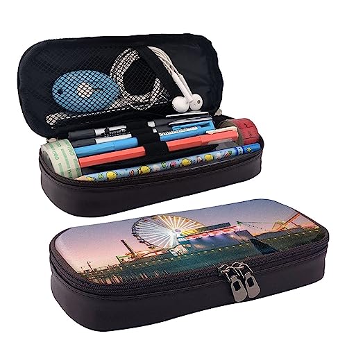 TEMKIN Pier Lights Bedrucktes Leder-Bleistiftbeutel, großes Fassungsvermögen, niedliches Federmäppchen, Kosmetik-Organizer-Tasche mit Reißverschluss, Schwarz , Einheitsgröße, Einfach von TEMKIN