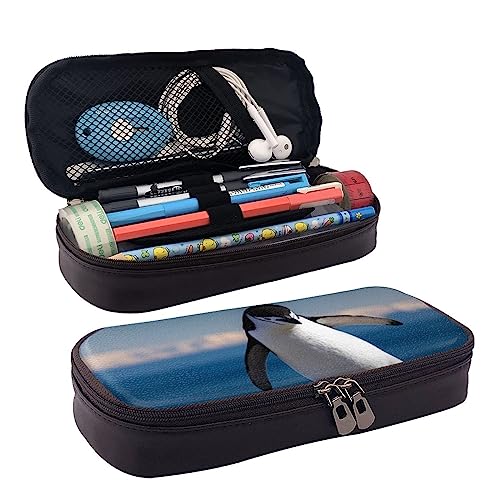 TEMKIN Pinguin Walking Bedrucktes Leder Federmäppchen Große Kapazität Stifttaschen Niedliches Federmäppchen Kosmetik Organizer Tasche Mit Reißverschluss, Schwarz , Einheitsgröße, Einfach von TEMKIN