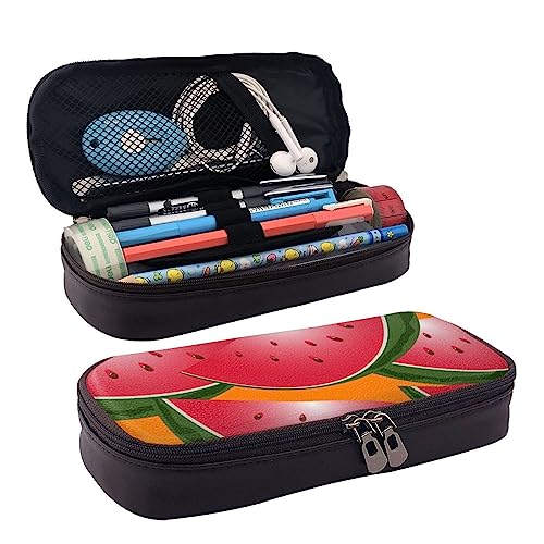 TEMKIN Reife Wassermelone Slice Seeds Bedruckte Leder Bleistifttasche, Große Kapazität Stifttaschen Niedlich Bleistift Fall Kosmetik Organizer Tasche Mit Reißverschluss, Schwarz , Einheitsgröße, von TEMKIN