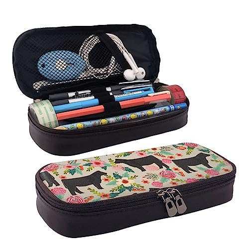 TEMKIN Rosa Blume Show Steer Kühe Rinder gedruckt Leder Bleistift Pouch,Große Kapazität Stift Taschen Niedlich Bleistift Fall Kosmetik Organizer Tasche Mit Reißverschluss, rose, Einheitsgröße, Einfach von TEMKIN