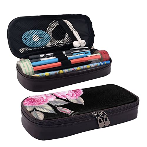 TEMKIN Rosa Blumen Bedruckte Leder Bleistift Beutel, Große Kapazität Stift Taschen Niedlich Bleistift Fall Kosmetik Organizer Tasche Mit Reißverschluss, rose, Einheitsgröße, Einfach von TEMKIN