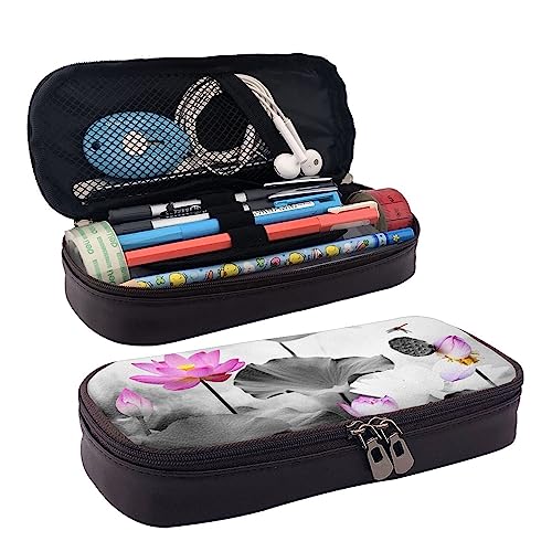 TEMKIN Rosa Lotusblüte gedruckt Leder Bleistift Beutel, große Kapazität, Stifttaschen, niedliches Federmäppchen Kosmetik Organizer Tasche mit Reißverschluss, rose, Einheitsgröße, Einfach von TEMKIN