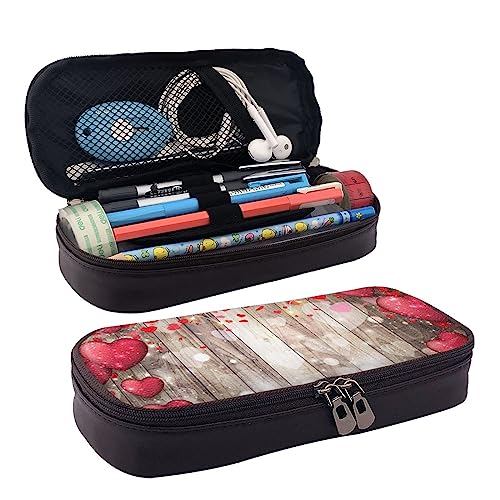 TEMKIN Rote Liebe Herz gedruckt Leder Bleistift Pouch,Große Kapazität Stift Taschen Niedlich Bleistift Fall Kosmetik Organizer Tasche Mit Reißverschluss von TEMKIN