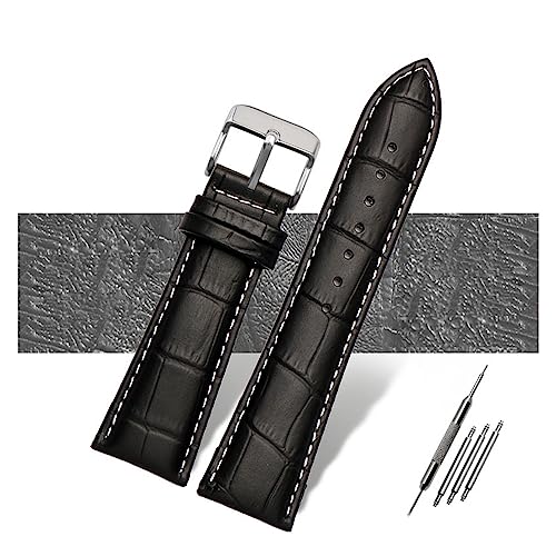 TEMKIN Uhrenarmband, 23 mm, 24 mm, 26 mm, 28 mm, große Breite, schwarz, braun, Herren-Uhrenarmband aus Leder (Color : Black White Silver A, Size : 24mm) von TEMKIN