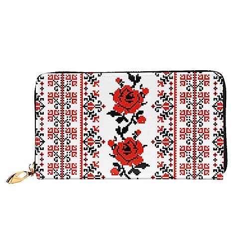 Ukrainischer Stickerei-Stil Rose bedrucktes Leder lange Geldbörse mit Reißverschluss für Frauen, Frauen Reißverschluss um Clutch, Handgelenk, Reise, lange Geldbörse, Schwarz, Einheitsgröße, von TEMKIN