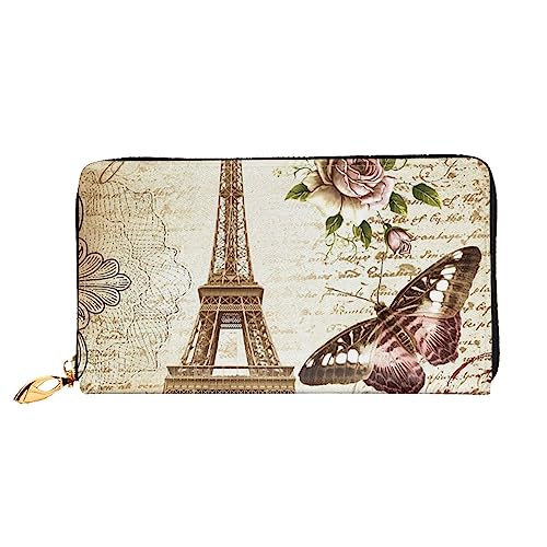 Vintage Paris Eiffelturm Schmetterling bedrucktes Leder lange Geldbörse mit Reißverschluss für Frauen, Frauen Reißverschluss um Clutch, Handgelenk, Reise, lange Geldbörse, Schwarz, Einheitsgröße, von TEMKIN