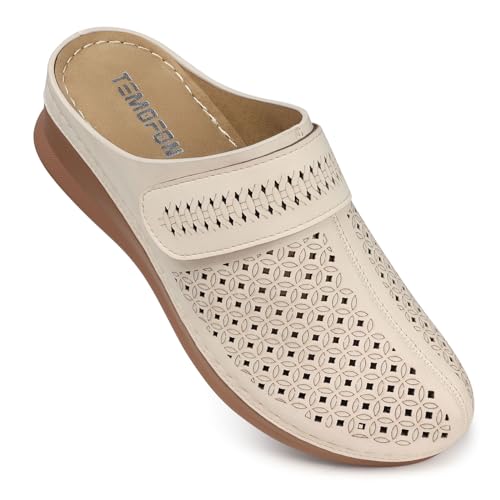 TEMOFON Clogs für Damen Pantoletten: bequeme Fußgewölbeunterstützung, geschlossene Zehensandalen, rückenfrei, niedriger Keilabsatz, Schlupfschuhe, 92-Apricot, 39.5 EU von TEMOFON