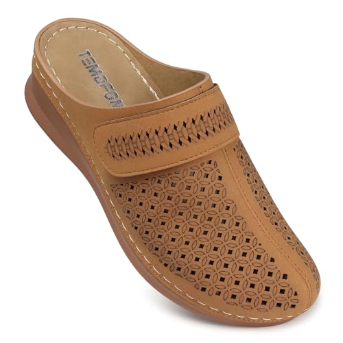 TEMOFON Clogs für Damen Pantoletten: bequeme Fußgewölbeunterstützung, geschlossene Zehensandalen, rückenfrei, niedriger Keilabsatz, Schlupfschuhe, 92-Braun, 38.5 EU von TEMOFON