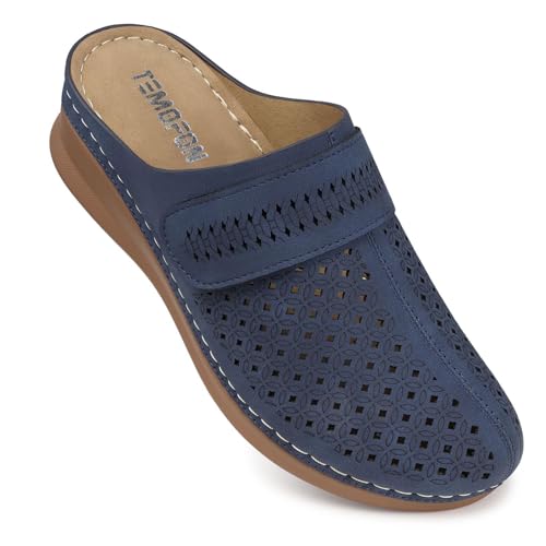 TEMOFON Clogs für Damen Pantoletten: bequeme Fußgewölbeunterstützung, geschlossene Zehensandalen, rückenfrei, niedriger Keilabsatz, Schlupfschuhe, 92-dunkelblau, 39 EU von TEMOFON