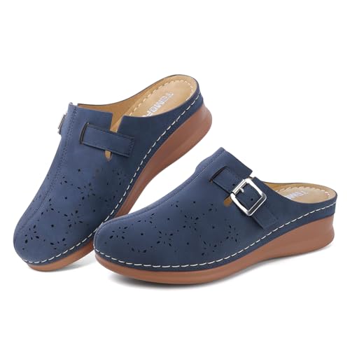 TEMOFON Clogs für Damen Pantoletten: bequeme Fußgewölbeunterstützung, geschlossene Zehensandalen, rückenfrei, niedriger Keilabsatz, Schlupfschuhe, Blau dunkel, 38.5 EU von TEMOFON