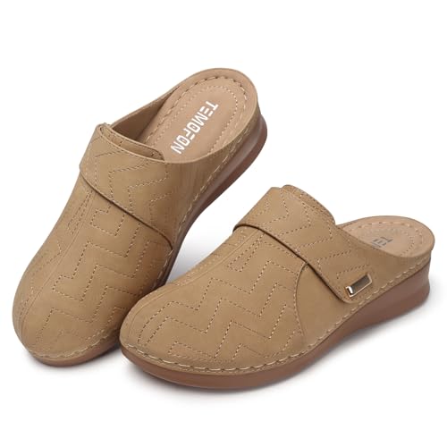 TEMOFON Clogs für Damen Schlupfpantoletten: bequeme Freizeitschuhe mit verstellbarem Spann Walking Platform Wedge Slides, Hellbraun, 35.5 EU von TEMOFON