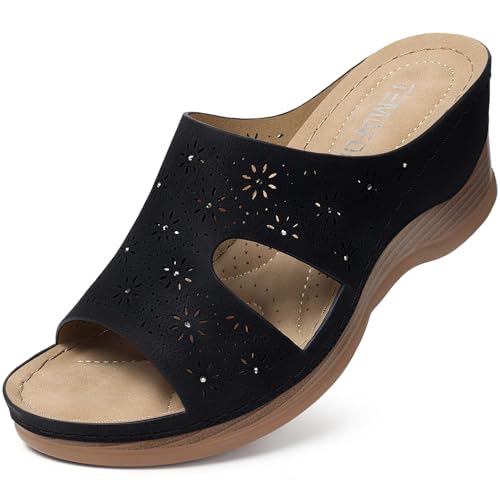 TEMOFON Damen Keilsandalen, elegant: weiche Ledersandalen, Gummisohle, bequemes Gehen, lässiger Slip-On-Sommer-Sandalen, 1601 Black, 38.5 EU von TEMOFON