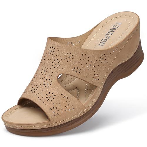 TEMOFON Damen Keilsandalen, elegant: weiche Ledersandalen, Gummisohle, bequemes Gehen, lässiger Slip-On-Sommer-Sandalen, 1601 Tan, 41.5 EU von TEMOFON