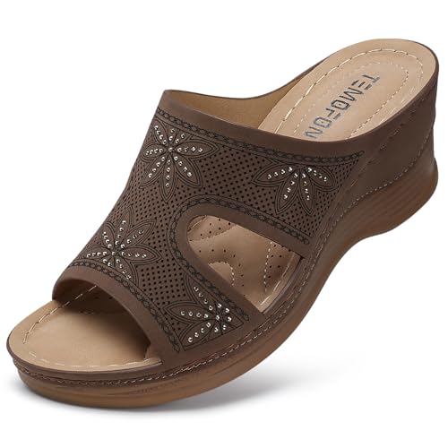TEMOFON Damen Keilsandalen, elegant: weiche Ledersandalen, Gummisohle, bequemes Gehen, lässiger Slip-On-Sommer-Sandalen, 1602 Coffee, 39 EU von TEMOFON