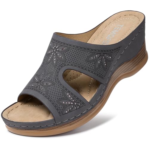 TEMOFON Damen Keilsandalen, elegant: weiche Ledersandalen, Gummisohle, bequemes Gehen, lässiger Slip-On-Sommer-Sandalen, 1602 Grau, 38.5 EU von TEMOFON