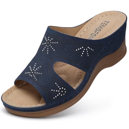 TEMOFON Damen Keilsandalen, elegant: weiche Ledersandalen, Gummisohle, bequemes Gehen, lässiger Slip-On-Sommer-Sandalen, 1602 Navy Blue, 38.5 EU von TEMOFON