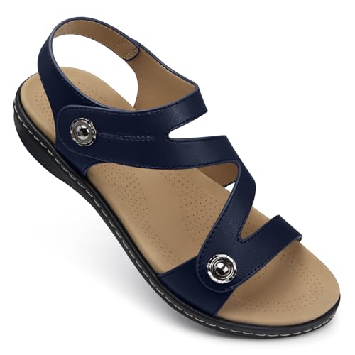 TEMOFON Damen-Sandalen, elegant, Sommer, offener Zehenbereich, bequem, flach, Fußgewölbeunterstützung, flache Sandalen, Größe 38-45, 30-blau, 41.5 EU von TEMOFON