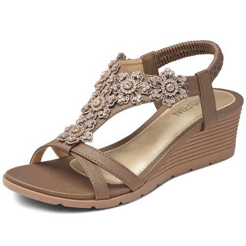 TEMOFON Damen-Sandalen mit niedrigem Keilabsatz, Sommer, elegant, Plateau-Sandalen, elastischer Knöchelriemen, offener Zehenbereich, Blumenschuhe, 25-Bronze, 37.5 EU von TEMOFON