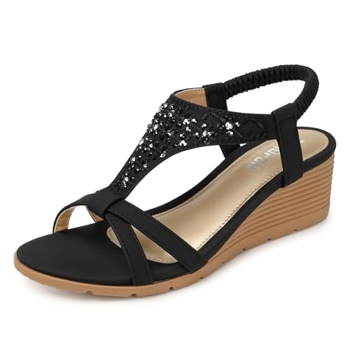 TEMOFON Damen-Sandalen mit niedrigem Keilabsatz, Sommer, elegant, Plateau-Sandalen, elastischer Knöchelriemen, offener Zehenbereich, Blumenschuhe, 26-schwarz, 38.5 EU von TEMOFON