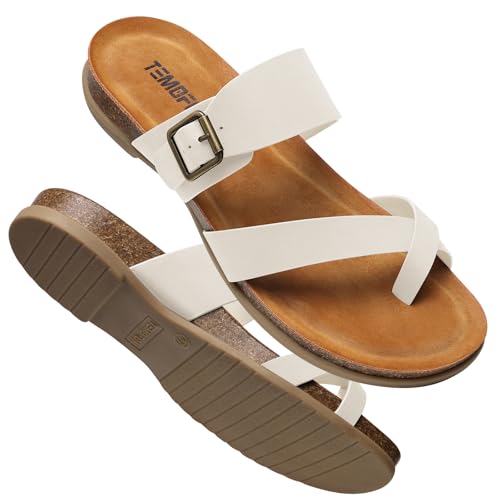 TEMOFON Flache Damen-Sandalen mit Fußgewölbeunterstützung, verstellbaren Riemen, bequem, Sommer, Wandern, Freizeit, Größe 38-45, Weiss/opulenter Garten, 37.5 EU von TEMOFON
