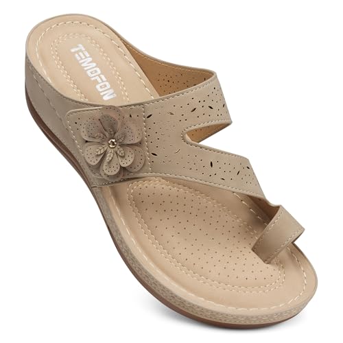 TEMOFON Flip-Flops für Damen, elegant: bequeme Sommer-Sandalen für Damen 2025 – Slip-On-Sandalen mit geteilter Zehenpartie, 55-Apricot, 36 EU von TEMOFON