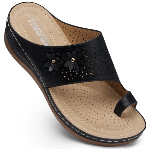 TEMOFON Flip-Flops für Damen, elegant: bequeme Sommer-Sandalen für Damen 2025 – Slip-On-Sandalen mit geteilter Zehenpartie, 68, schwarz, 39 EU von TEMOFON
