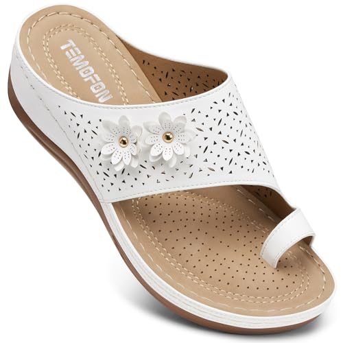 TEMOFON Flip-Flops für Damen, elegant: bequeme Sommer-Sandalen für Damen 2025 – Slip-On-Sandalen mit geteilter Zehenpartie, 68, weiß, 42 EU von TEMOFON