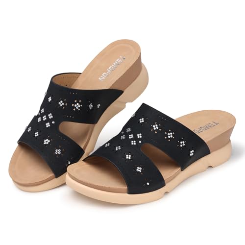 TEMOFON Keilsandalen für Damen, elegant: Sommer, ausgehöhlte Blumen mit Strasssteinen – bequeme Damen-Sandalen mit niedrigem Keilabsatz, Schwarz, 39 EU von TEMOFON