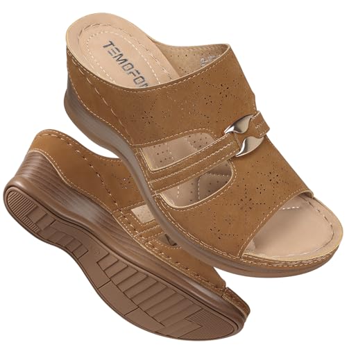 TEMOFON Sandalen für Damen, Sommer, Keilabsatz, weich, ausgehöhlt, elegante Slides-Sandalen, Gummisohle, bequemes Gehen, lässiger Slip-on-Plateau-Schuh, Braun, 42 EU von TEMOFON
