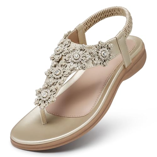TEMOFON Sandalen für Damen, flach, elegant, Sommer, Blumensandalen mit Knöchelriemen, bequeme, lässige Wandersandalen, Größe 38-45, 28-Champagner, 37.5 EU von TEMOFON