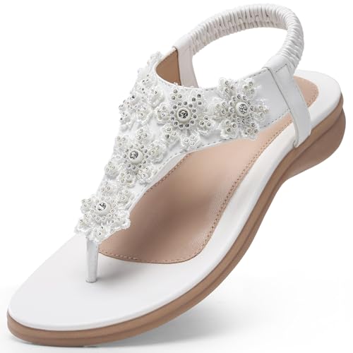 TEMOFON Sandalen für Damen, flach, elegant, Sommer, Blumensandalen mit Knöchelriemen, bequeme, lässige Wandersandalen, Größe 38-45, 28-weiß, 41.5 EU TEMOFON Sandalen für Damen, flach, elegant, Sommer, Blumensandalen mit Knöchelriemen, bequeme, lässige Wandersandalen, Größe 38-45, 28-weiß, 41.5 EU von TEMOFON