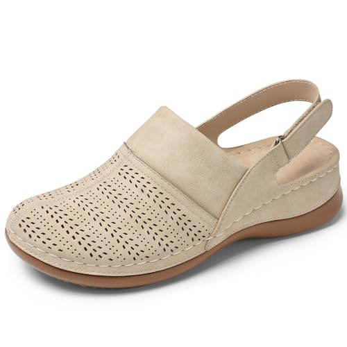 TEMOFON Schuhe für Damen Clogs Sandalen: bequeme geschlossene Zehenkeilschuhe Slingback Walking Pantoletten mit Fußgewölbeunterstützung, Beige, 38.5 EU von TEMOFON
