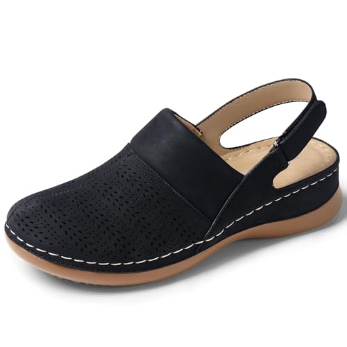 TEMOFON Schuhe für Damen Clogs Sandalen: bequeme geschlossene Zehenkeilschuhe Slingback Walking Pantoletten mit Fußgewölbeunterstützung, Schwarz, 38.5 EU von TEMOFON