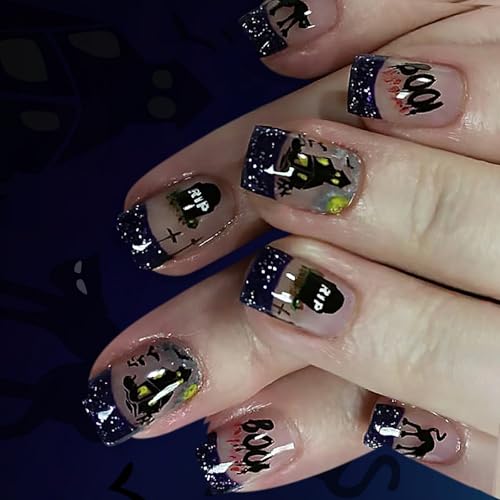 24 Stück Halloween Kunstnägel schwarz glitzernd Gothic Press on Nails Fledermaus und Kätzchen ABS für Frauen Party Gothic Nageldesigns von TEMOOUES
