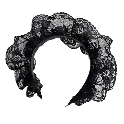 TEMOOUES Elegantes Spitzen-Rüschen-Stirnband, hoher Totenkopf-Haarband, französische Spitze, Blumen-Haarreif für weibliche Teaparty-Haarformung von TEMOOUES