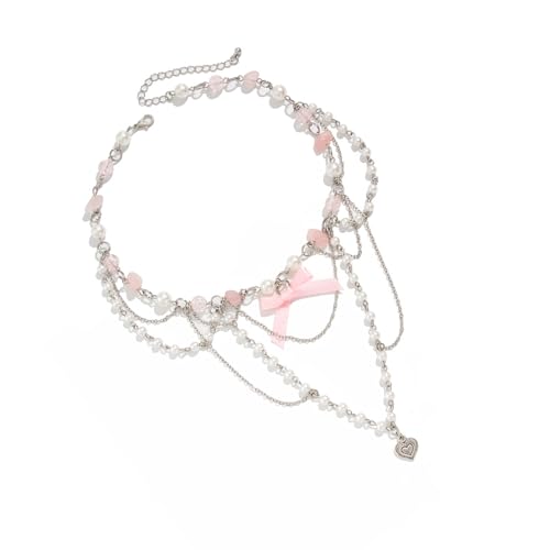 TEMOOUES Modische Halskette mit Herz-Anhänger, Schleife und Perlen, verstellbare Länge, Schlüsselbein-Kette, Kunstperlen + kupferummantelte Eisenkette + Legierung + Acrylperlen + Gurtband von TEMOOUES