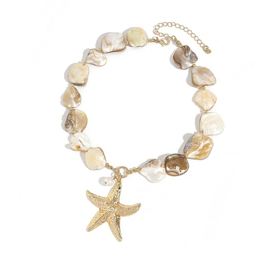 TEMOOUES Muschel-Halskette mit glattem Seestern-Anhänger, stilvolle Anti-Anlauf-Muschel-Ohrringe, Küstenzubehör, Muschel- und Perlen-Halsketten-Set, Einheitsgröße, Wie beschrieben, Wie beschrieben von TEMOOUES