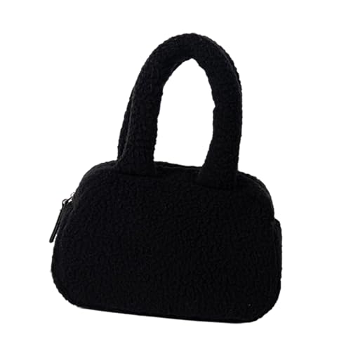TEMOOUES Praktische Fleece-Handtasche mit Tragegriff oben, Retro-Handtasche mit Reißverschluss, einfacher Zugriff, weiche Winterhandtaschen für Damen und Mädchen, Schwarz , One Size von TEMOOUES