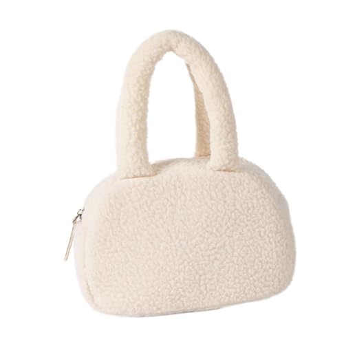 TEMOOUES Praktische Fleece-Handtasche mit Tragegriff oben, Retro-Handtasche mit Reißverschluss, einfacher Zugriff, weiche Winterhandtaschen für Damen und Mädchen, beige, One Size von TEMOOUES