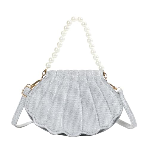TEMOOUES Stilvolle PU-Shell-Umhängetasche für Damen und Mädchen, Crossbody-Tasche, Geldbörse für den täglichen Gebrauch und besondere Anlässe, Perlen, Handtasche, Geldbörse, silber, One Size von TEMOOUES