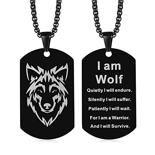 TempBeau Halskette Herren Wolf Hundemarke Schwarz Edelstahl Dog Tag Anhänger für Männer mit 60cm Kette Militär Stil Herren Schmuck von TempBeau