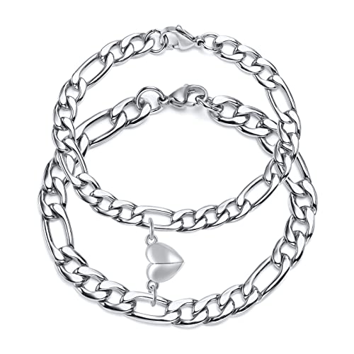 TempBeau Paar Armband Silber Figarokette Armbänder Pärchen Armband 7mm + 9mm 2 Stück für Herren Frauen Kettenarmband 3+1 Gliender Link für Paare, Freund Schmuckgeschenk von TempBeau