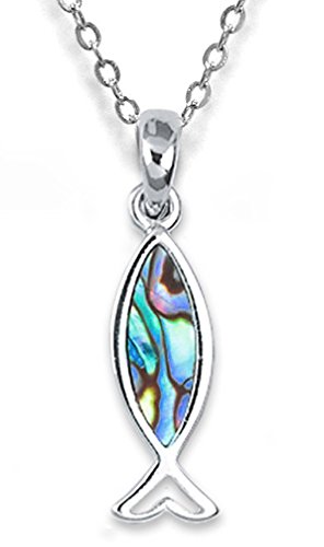 Schmuck Anhänger Ichthys Fisch 36 mm, Paua Muschel Abalone Perlmutt blau grün rosa mit Kette silber 45 cm, Naturschmuck von TEMPELWELT