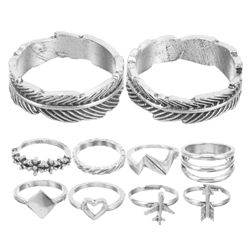 TEMPNAP 10 Teiliges Damen fingerringe Metall Geometrische Designs mit Herz Blume Flugzeug und Wellen Modische Verstellbare Schmuckringe für Partys und Alltag von TEMPNAP