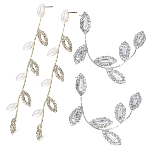 TEMPNAP 2 Paare Lange Ohrringe Damen Silberfarben mit Strass und Perlen Blattform Dangle Earrings Hochzeit Brautschmuck Leichte Ohrhänger für Frauen von TEMPNAP